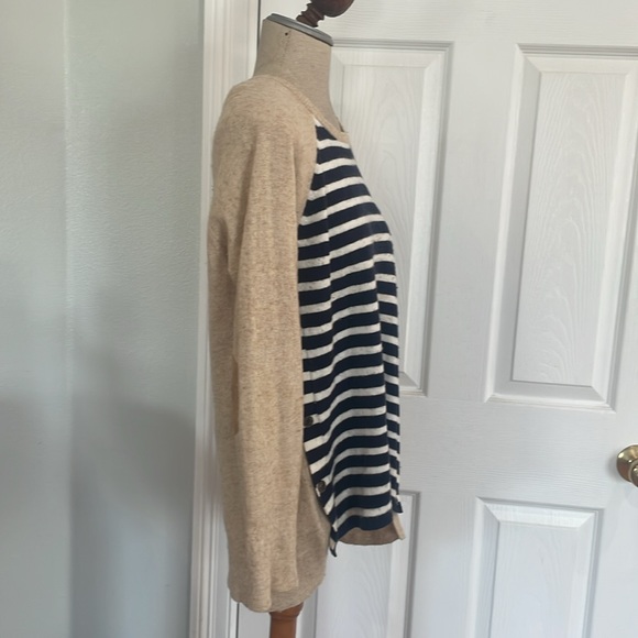 J Crew striped button flap wool pullover sweater elbow patches tan womens size M - Picture 2 of 13